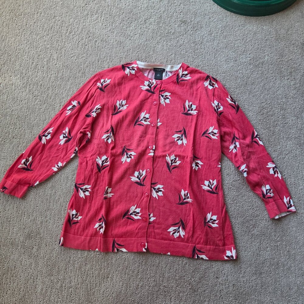 Ann Taylor Button Cardigan XL Red with floral design